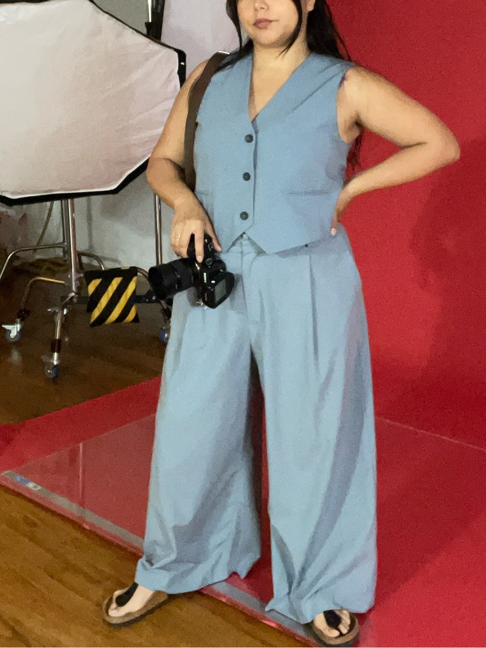 Zara Slate Blue Tailored Vest and Wide-Leg Trousers Set